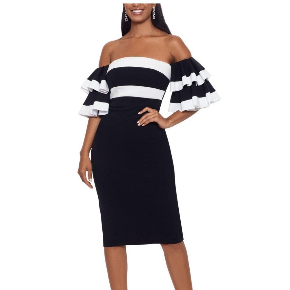 XSCAPE - Colorblocked Ruffled Midi Dress  Size 10 NEW